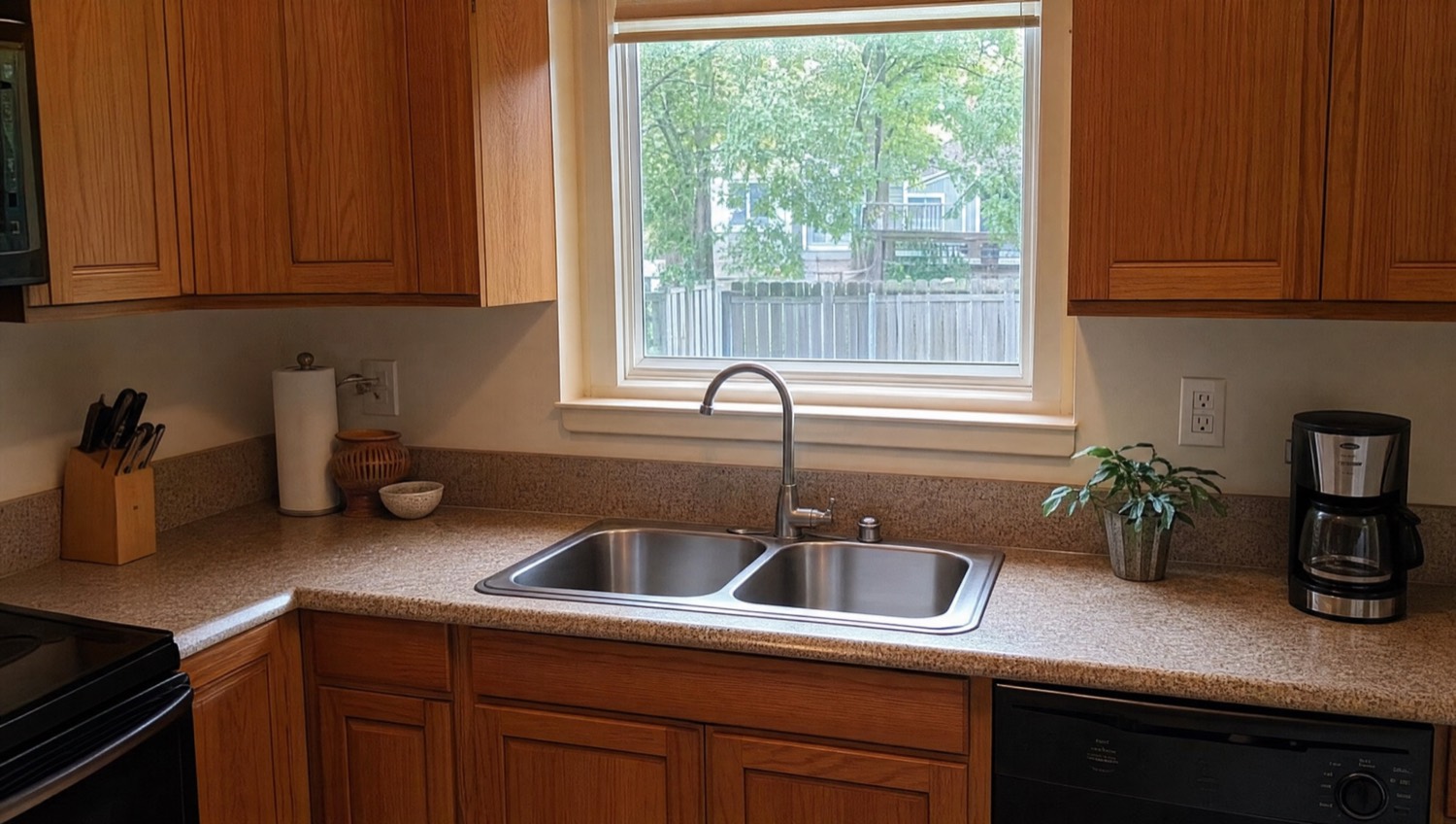 Kitchen sink and drain opening above a garbage disposal unit in a Baltimore, MD home where Doctor Maintenance troubleshoots a humming garbage disposal, beside the dishwasher that shares its drain line