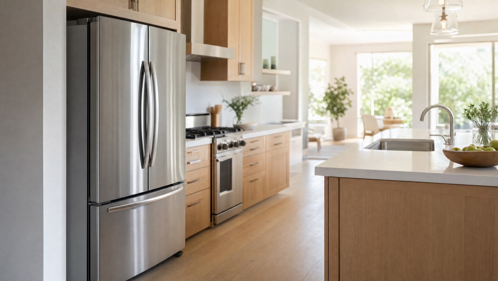 French door refrigerator in a bright Baltimore, MD kitchen, where Doctor Maintenance checks the temperature controls, air vents, and door gaskets before anything else
