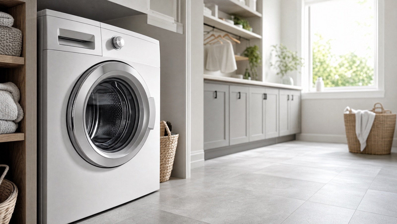Front-load washing machine in a bright Baltimore, MD laundry room, the kind of newer washer Doctor Maintenance repairs for far less than the cost of a new machine