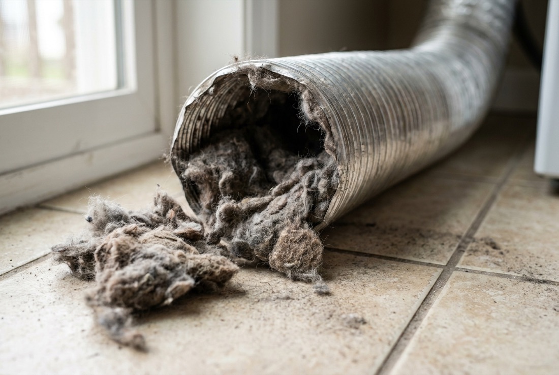 Thick lint buildup packed inside a home dryer vent duct, the fire fuel an appliance maintenance checklist clears before it collects, in a Baltimore, MD laundry room