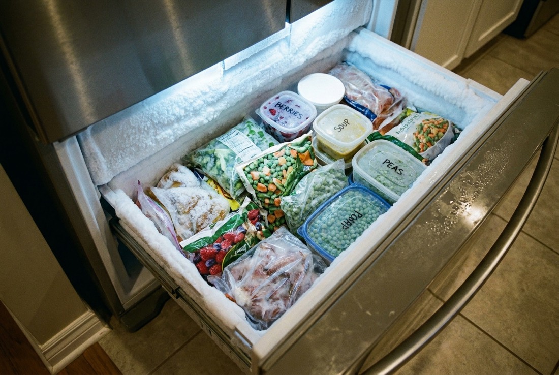 Frozen food and freezer walls coated in frost and ice crystals inside a Baltimore, MD home freezer, the ice-crystal test for what is safe to refreeze