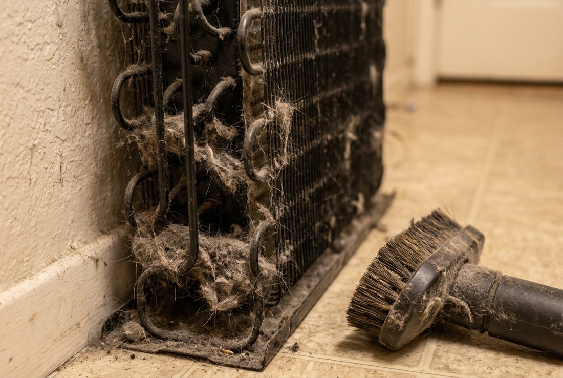 A vacuum brush attachment beside the dust-and-pet-hair-caked condenser coils behind a refrigerator, the top fixable cause of a refrigerator not cooling in a Baltimore, MD home