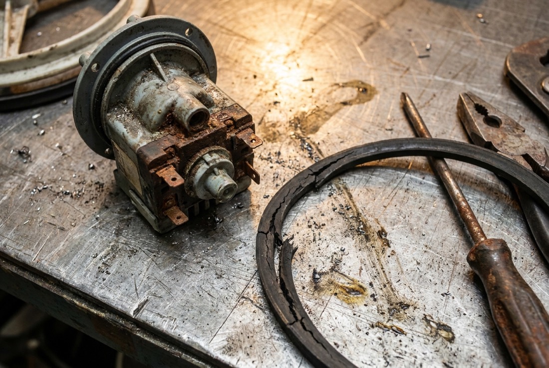 A worn washing machine drain pump and a cracked drive belt on a workbench, the kind of failed parts behind a repair or replace decision on an older washer in Baltimore, MD