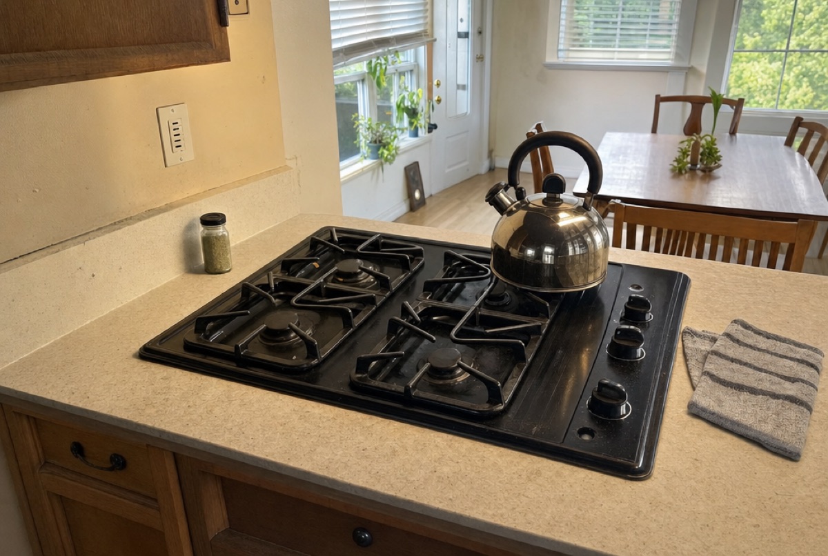A black gas cooktop in a lived-in Baltimore, MD kitchen serviced by Doctor Maintenance