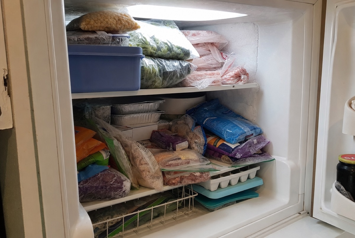 Packed freezer compartment with frost creeping up the back wall, the freezer-cold-fridge-warm pattern a Samsung fridge repair technician checks in Baltimore, MD homes
