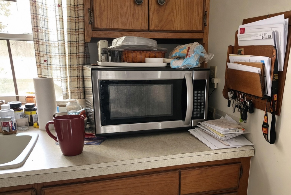 A countertop microwave on a lived-in Baltimore, MD kitchen counter serviced by Doctor Maintenance