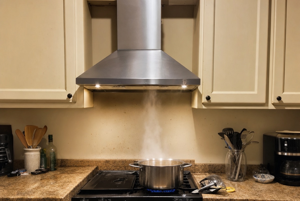 A range hood venting steam over a cooktop during a Baltimore, MD range hood repair by Doctor Maintenance